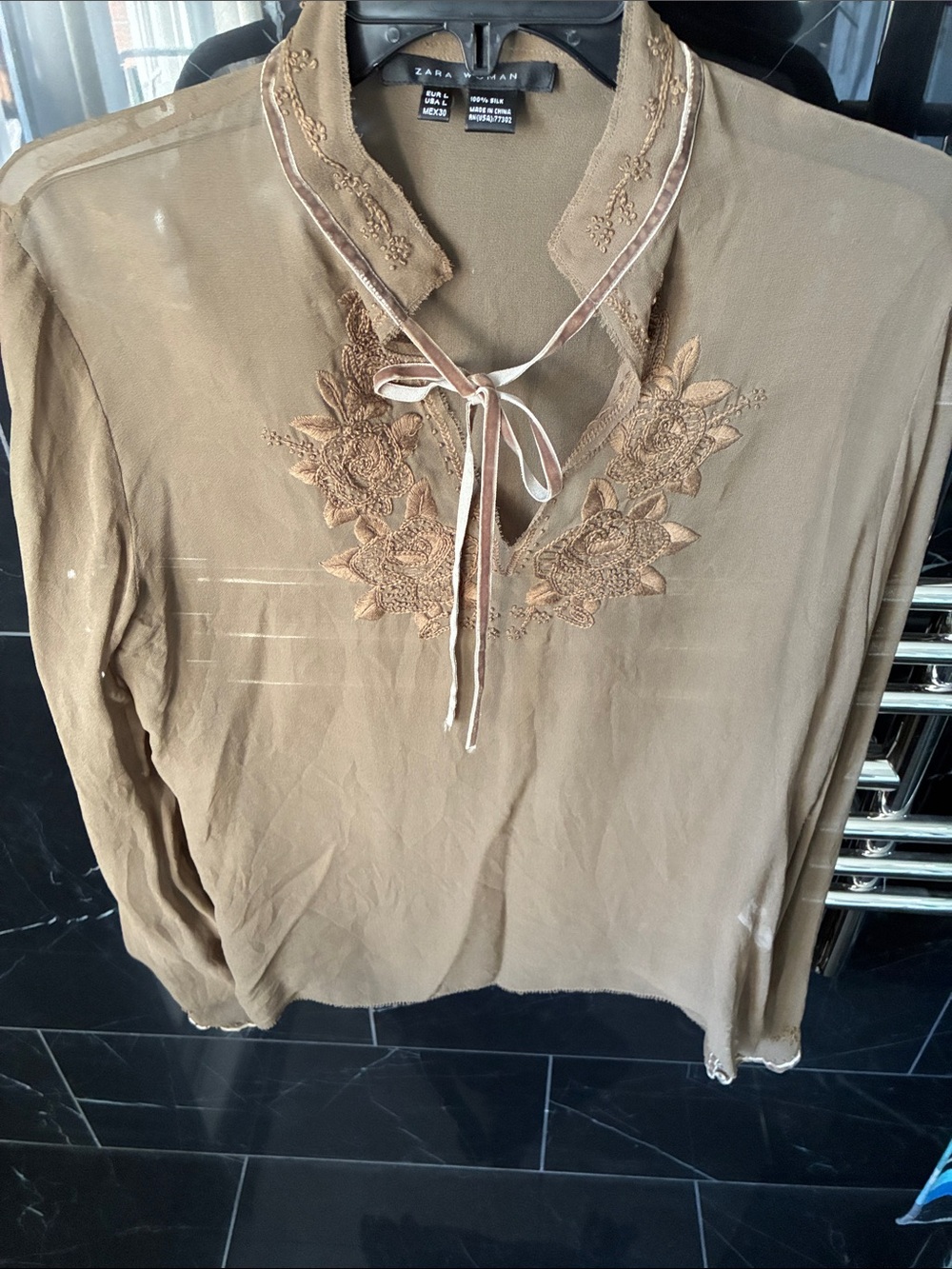 Zara Brown Embroidered Tie-Neck Blouse with Ribbon 100% silk